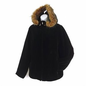 Black Silk Velvet Parka Jacket With Faux Fur Hood